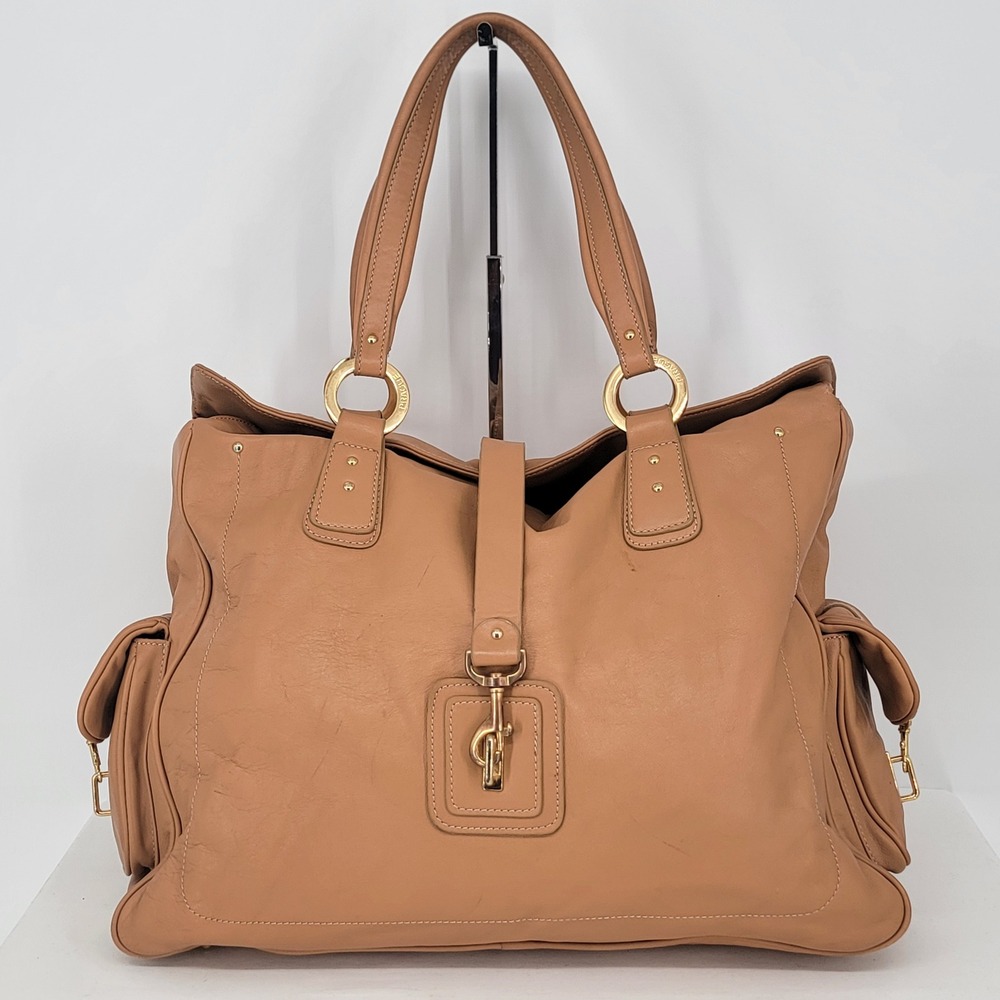 Prague Tan Leather Shoulder Bag‎ Gold Hardware Large Tote Cargo Pockets